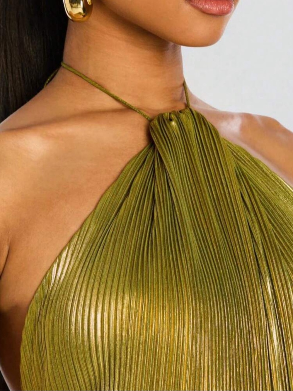 Gold One-Shoulder Pleated Maxi Dress with Halter Neck - Picture 5 of 6